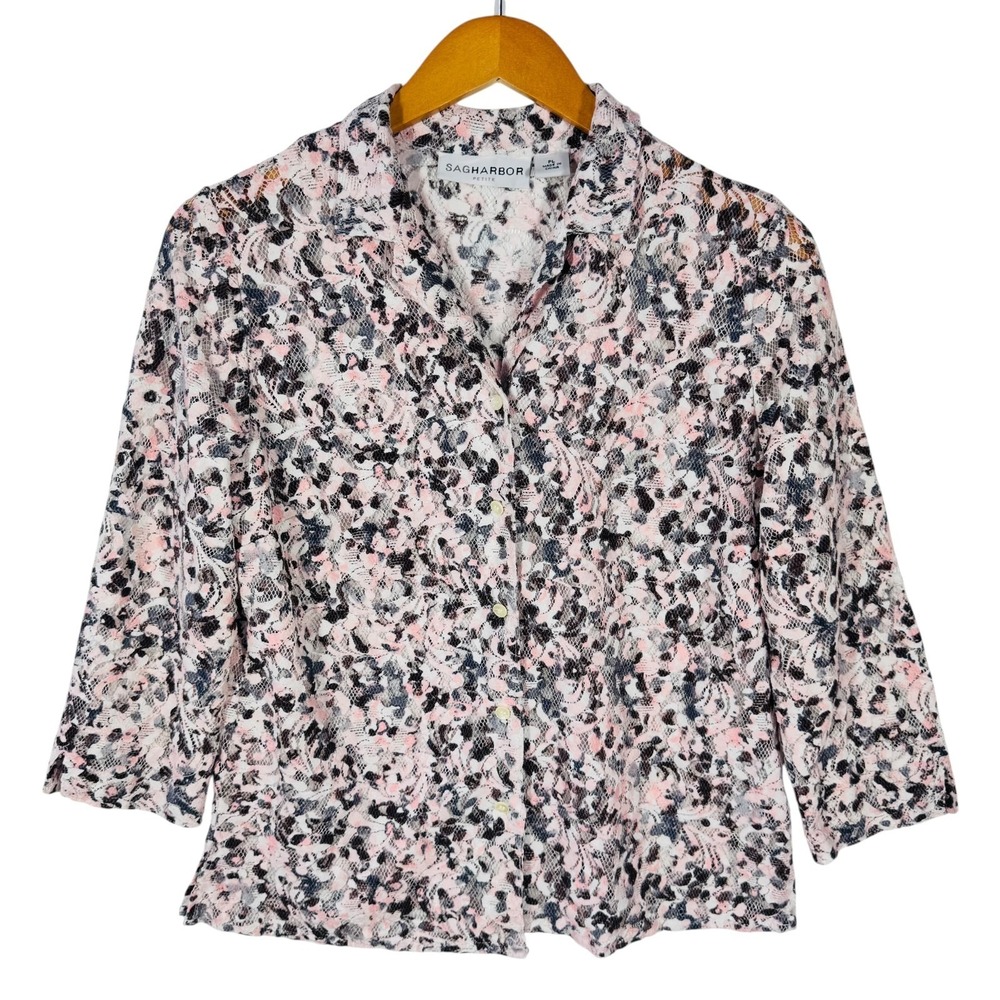 Sag Harbor Petite Large Blouse Women Pink Black Floral‎ Lace Festival Sheer